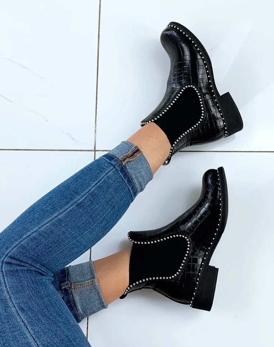 Bottines noires effet croco et perle dornement argent